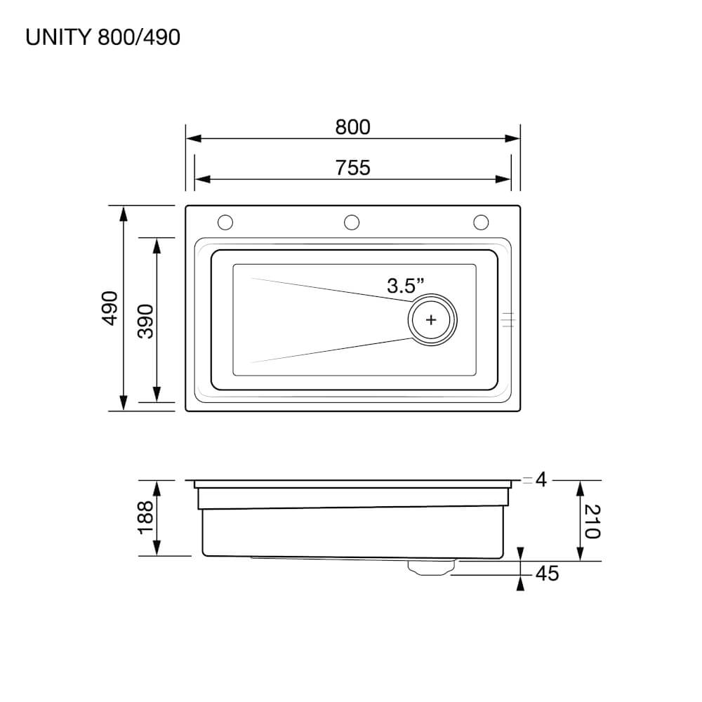 ซิงค์ล้างจาน 1 หลุม EVE UNITY 800/490 ขนาด 80 ซม. สีเทาไทเทเนียม 